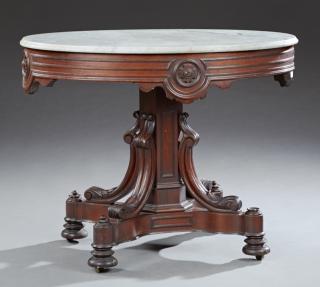 Appraisal: American Transitional Carved Walnut Marble Top Cen American Transitional Carved