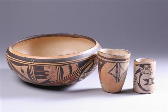 Appraisal: THREE PIECES HOPI POTTERY Including a cylinder with figural decoration