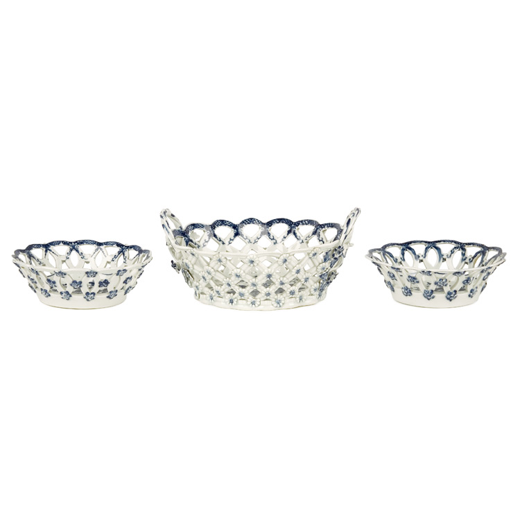 Appraisal: Worcester Blue and White Porcelain Two-Handle Basket Circa The exterior