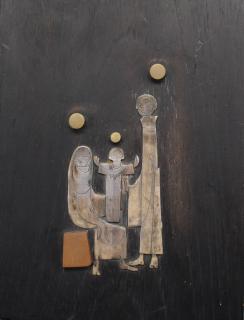 Appraisal: Modernist Wooden Plaque w Sterling Silver Figures Modernist Wooden Plaque