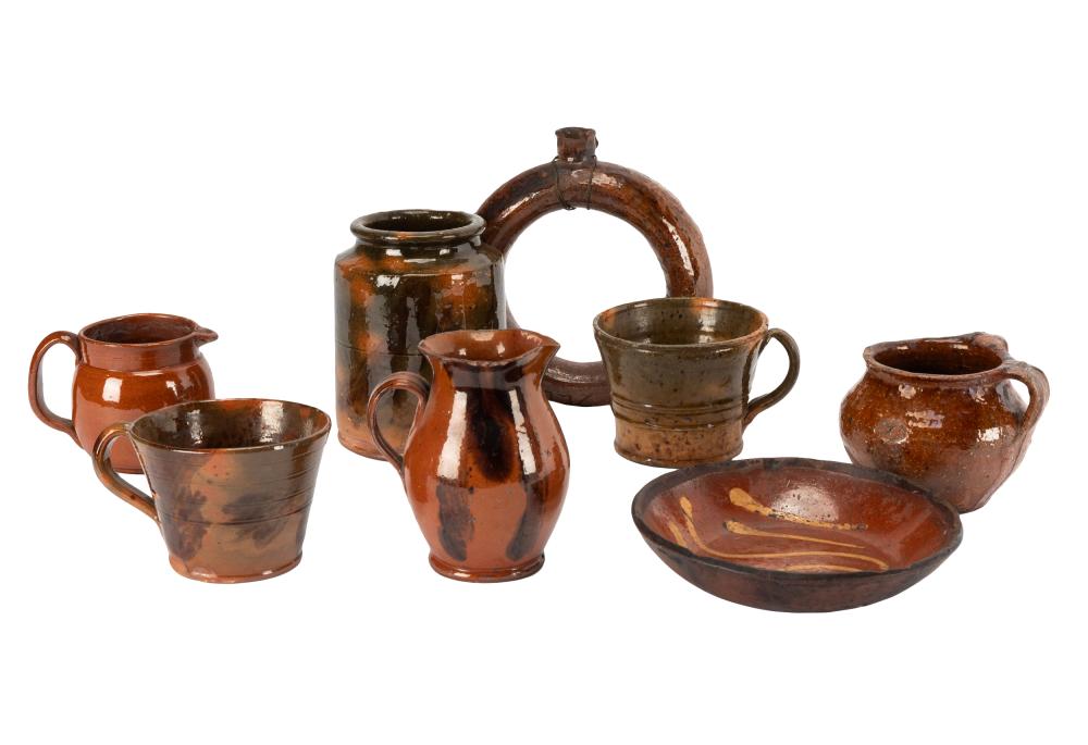 Appraisal: GROUP OF EIGHT AMERICAN REDWARE POTTERY VESSELSthe first a harvest