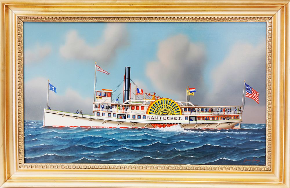 Appraisal: Jerome Howes Oil on Panel Nantucket Paddle Steamer Jerome Howes