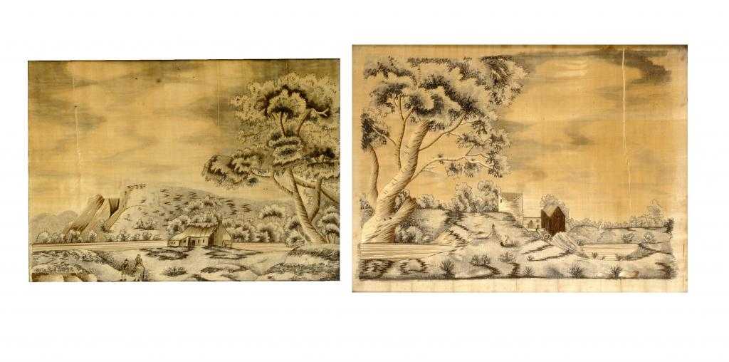 Appraisal: A PAIR OF CONTINENTAL SILK PICTURES landscapes with figures near