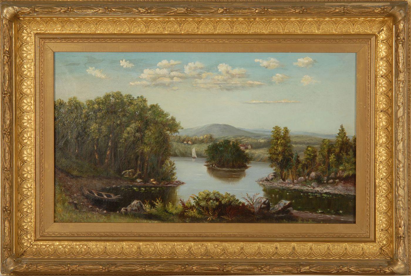 Appraisal: AMERICAN SCHOOL th CenturyPrimitive landscape with lake and distant mountains