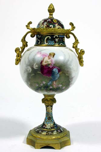 Appraisal: FRENCH ENAMEL AND PORCELAIN URN gilt ormolu mounts with colorful