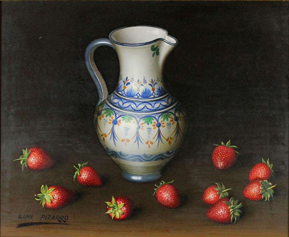 Appraisal: LIMA PIZARRO STILL LIFE WITH JUG AND STRAWBERRIES Oil on