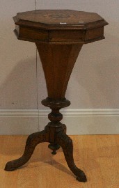 Appraisal: A Victorian sewing table with a hinged octagonal marquetry top