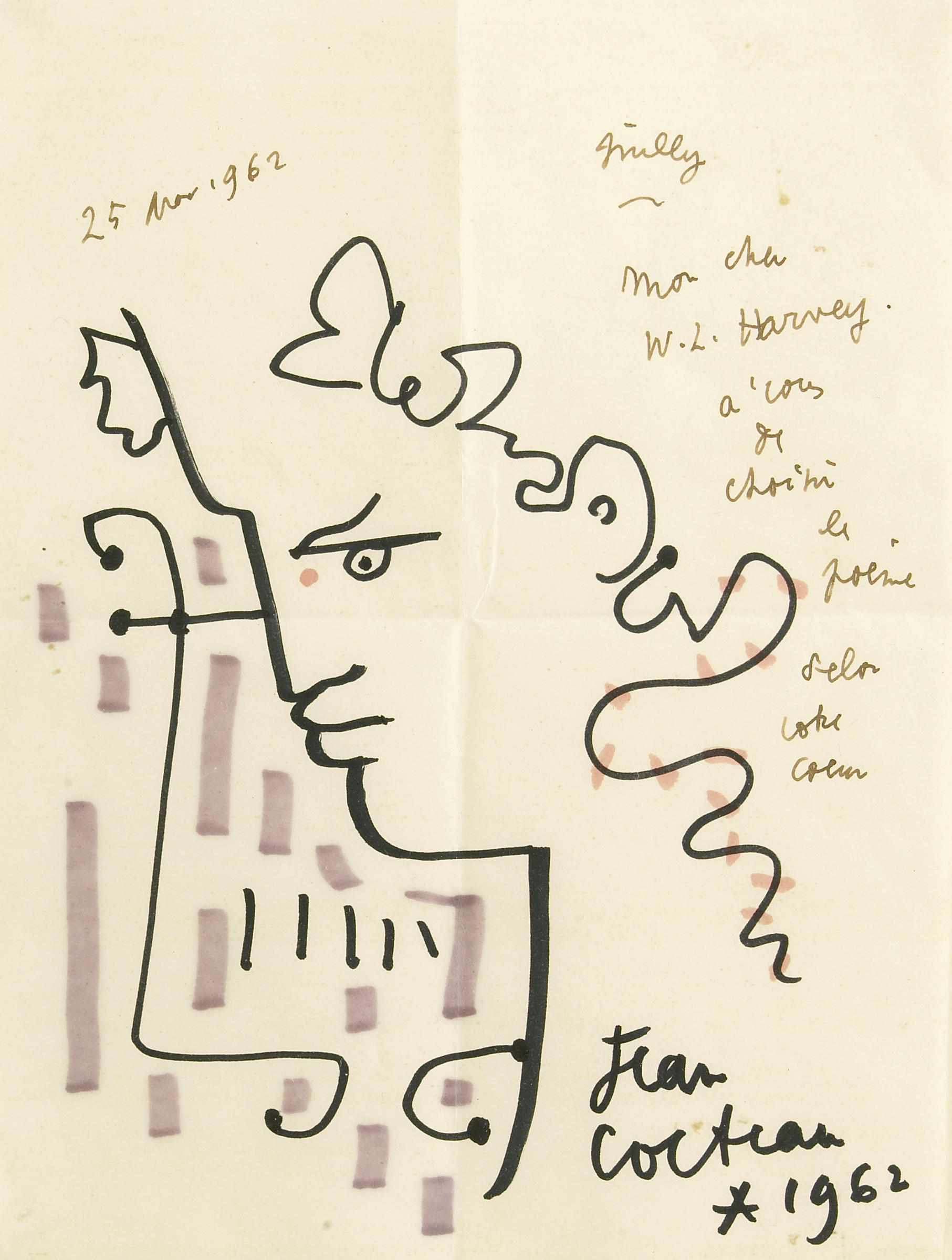 Appraisal: COCTEAU JEAN - Original sketch ink and color marker by