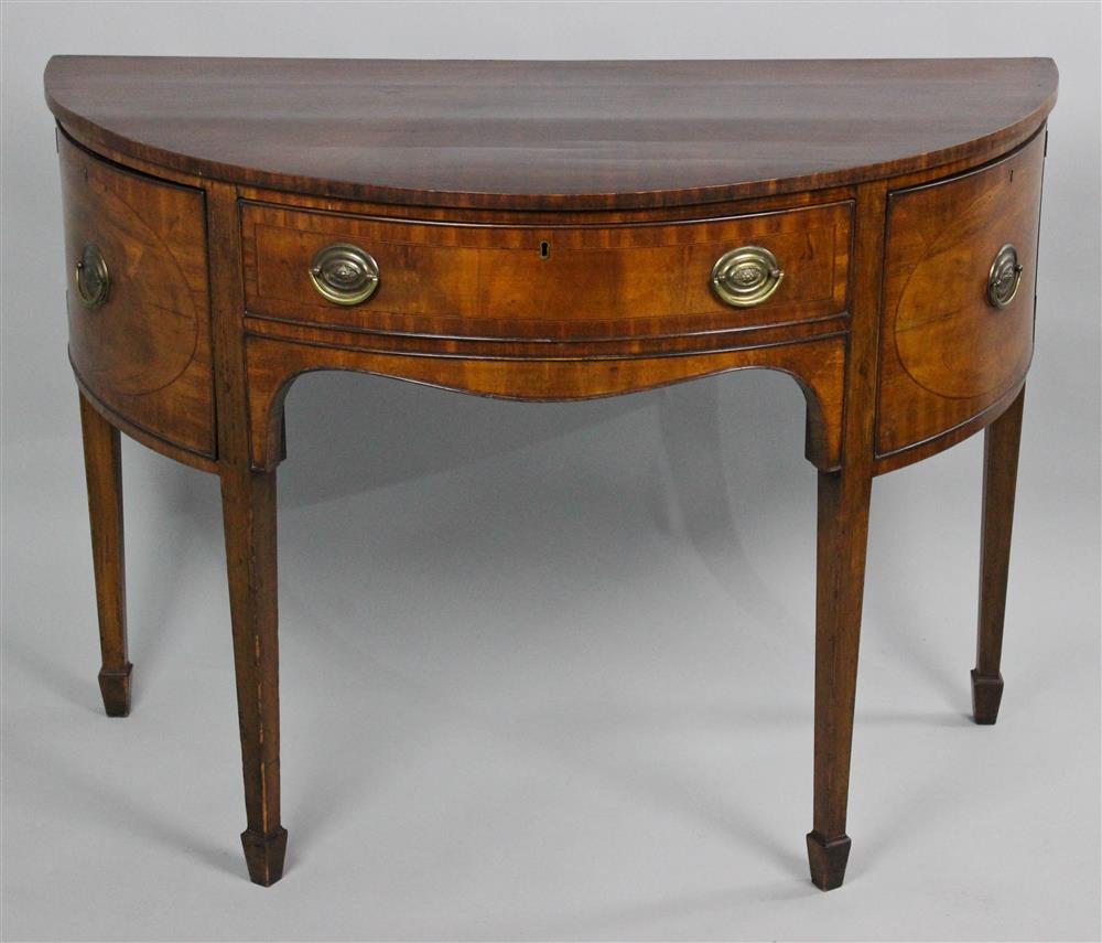 Appraisal: GEORGIAN INLAID MAHOGANY DEMILUNE SIDEBOARD the demilune shaped top with