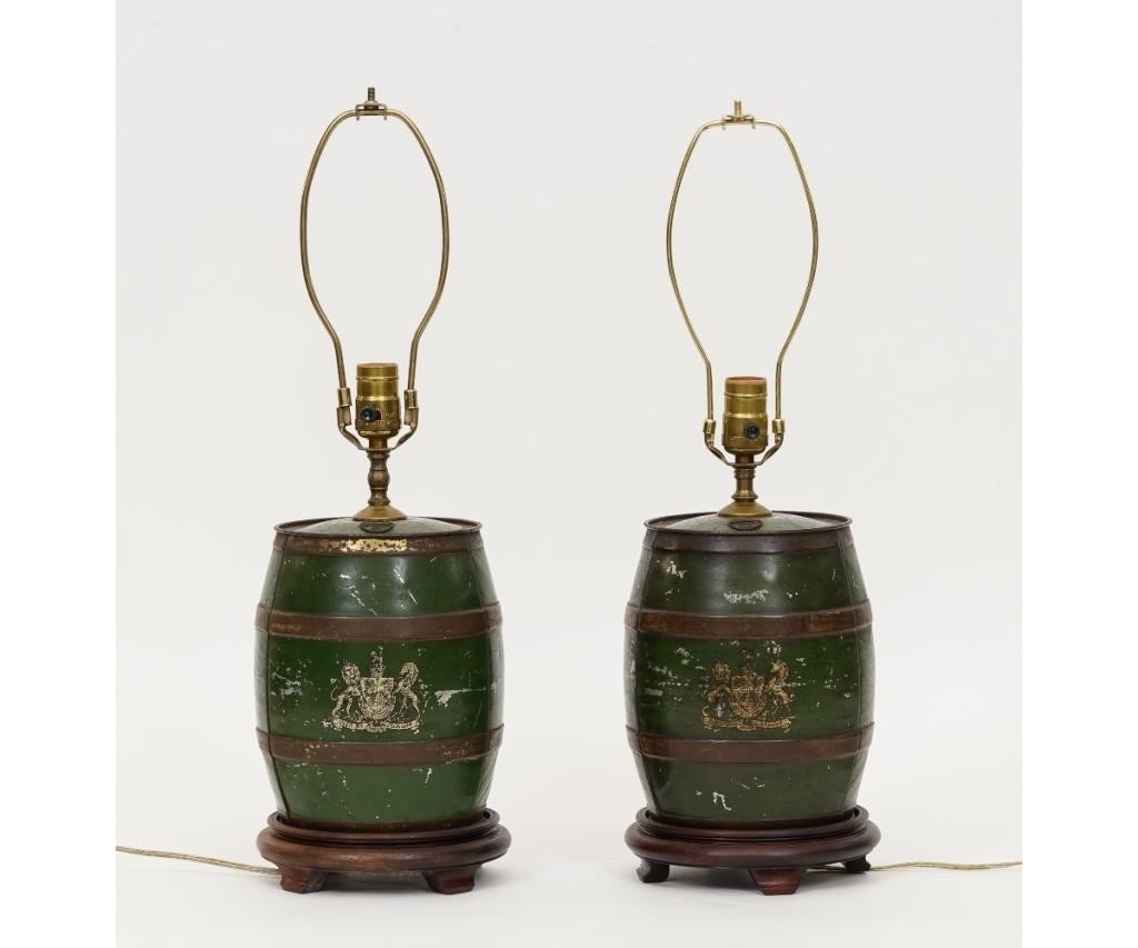 Appraisal: Pair of English green tin Coleman's Mustard brand barrels early