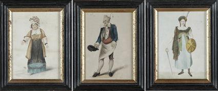 Appraisal: English School th C Three Figures Hand-colored engravings framed x