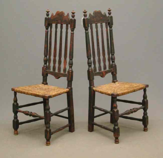 Appraisal: Pair th c banister back painted chairs with rush seats