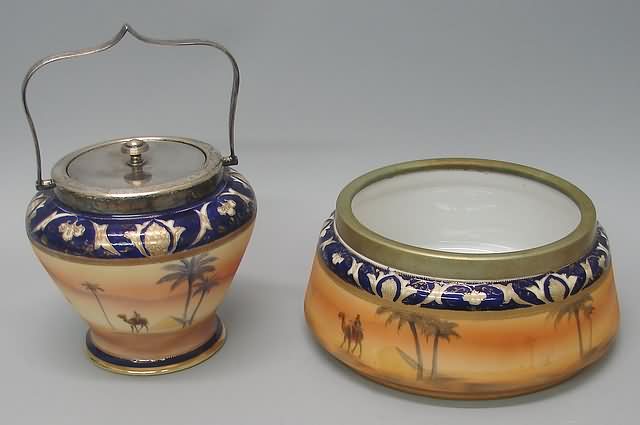 Appraisal: Bowl and lidded jar Both featuring camel and rider design