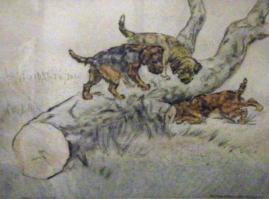 Appraisal: Henry Wilkinson b - three terriers upon a fallen tree