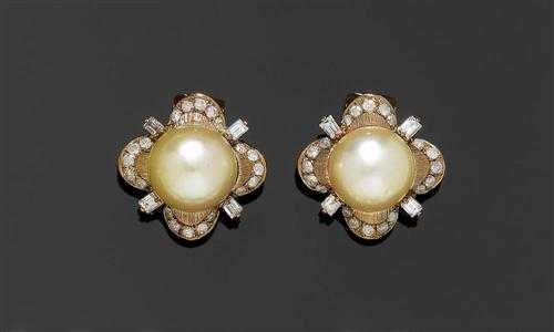 Appraisal: PEARL AND DIAMOND CLIP EARRINGS ca Red and yellow gold