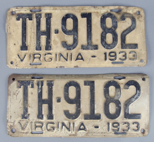 Appraisal: Virginia Auto License PlatesTwo-plate set TH- Faded with a little