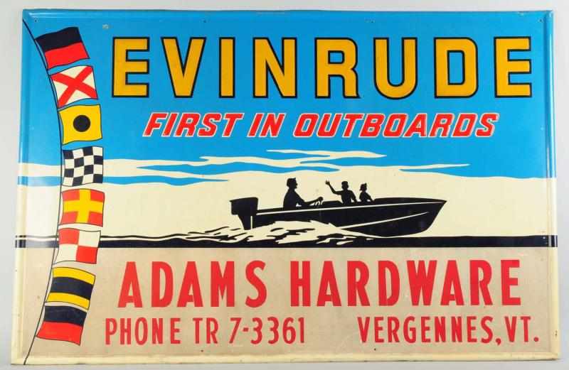 Appraisal: Embossed Tin Evinrude Sign Circa s With merchant's name at