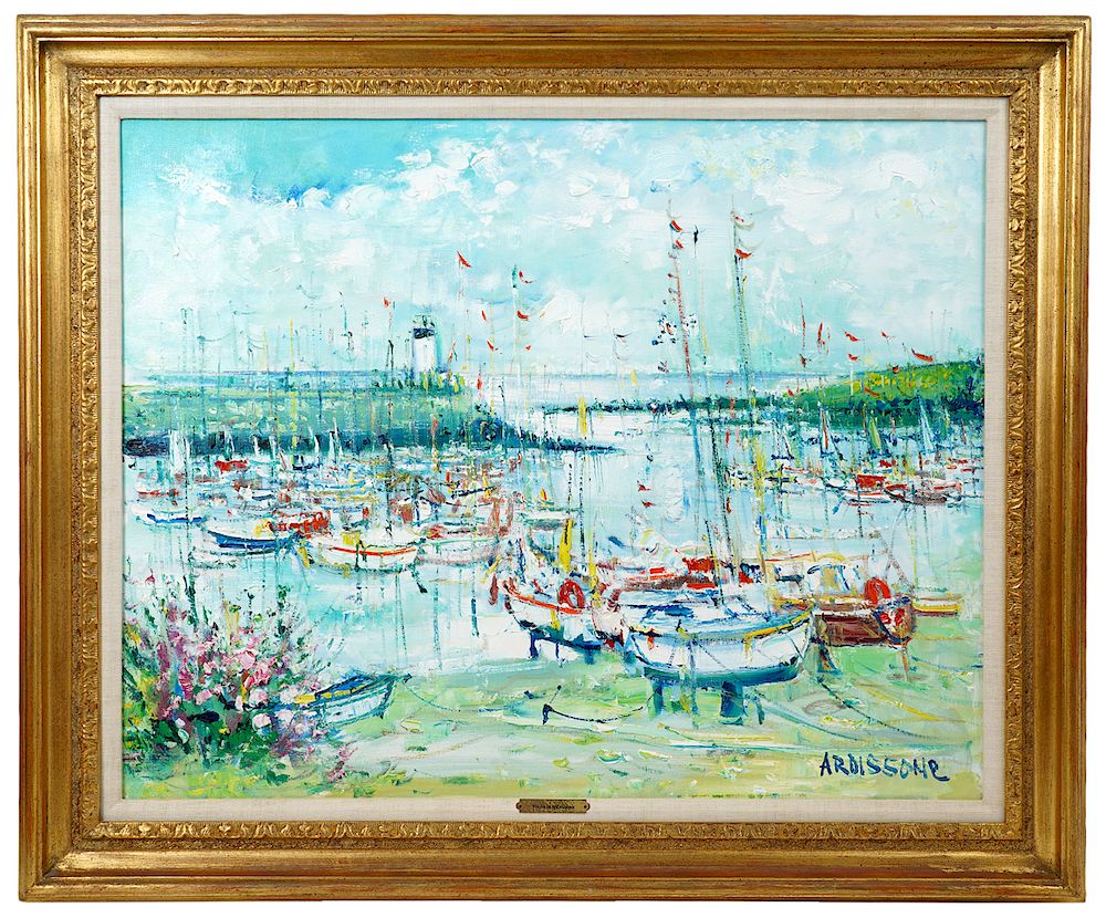 Appraisal: Yolande Ardissone 'Sailboats in Harbor' Painting Yolande Ardissone France -