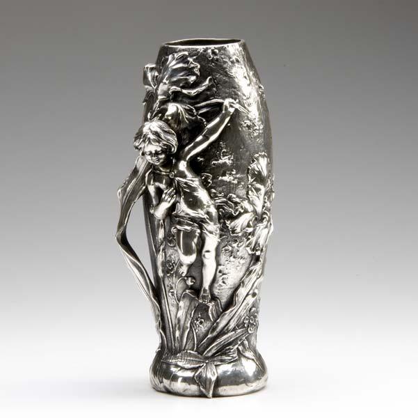 Appraisal: LAPIERRE Silver-covered porcelain vase with figure of a fairy amongst