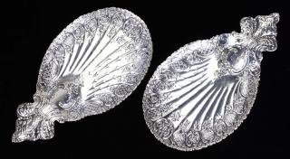 Appraisal: Ornate Tiffany sterling trays Floral and scroll decorated oyster shell