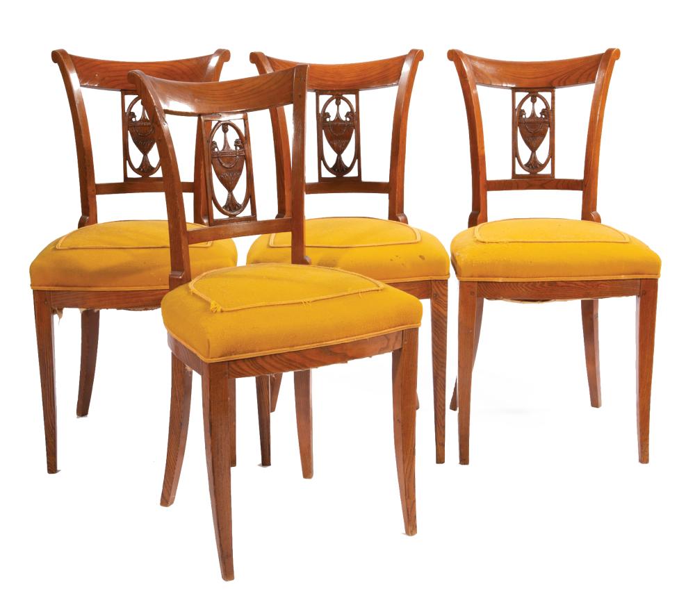 Appraisal: Four Continental Neoclassical-Style Oak Side Chairs incurvate scrolled back swagged