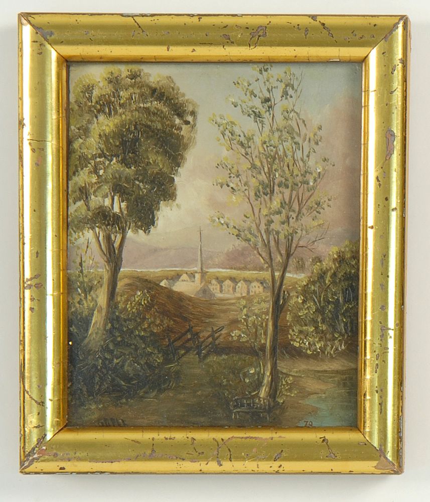 Appraisal: FRAMED MINIATURE PAINTING Landscape with church Signed lower left Grell