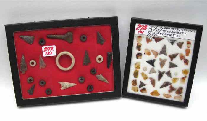 Appraisal: TWO CASED ARROW HEADS AND ARTIFACTS approximately bird points deaccessioned