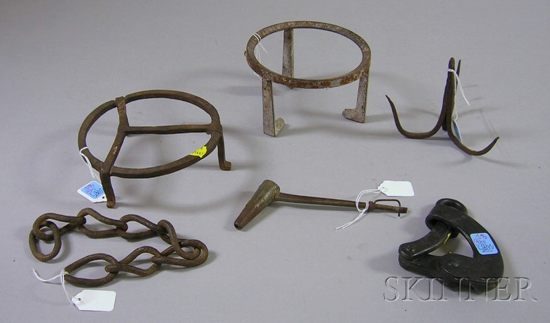 Appraisal: Six Iron and Metal Hearth Items a metal pot tilter