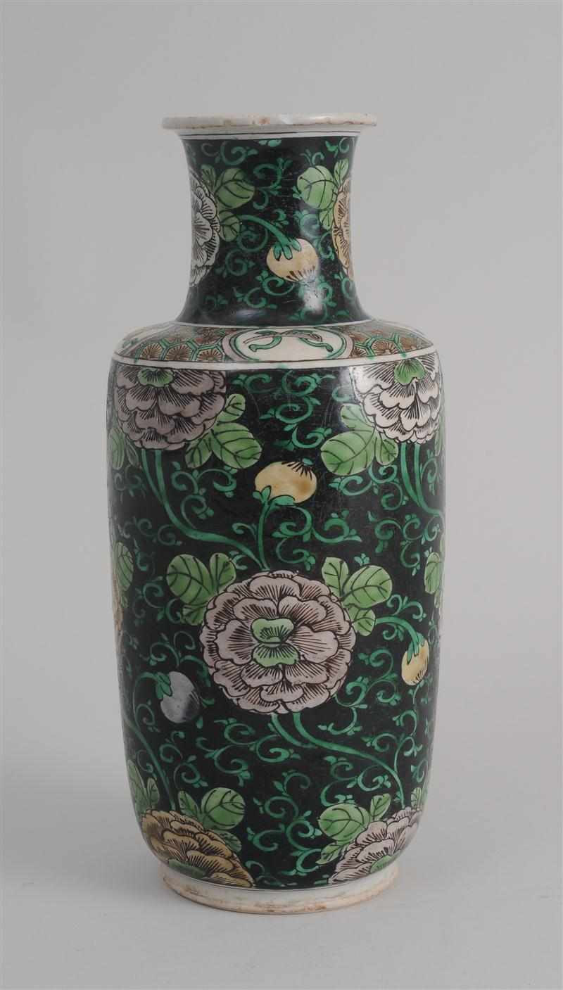 Appraisal: CHINESE FAMILLE NOIRE PORCELAIN ROULEAU VASE The cylindrical body painted