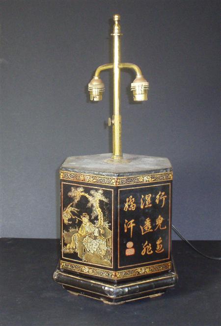 Appraisal: A black chinoiserie table lamp and base of hexagonal form