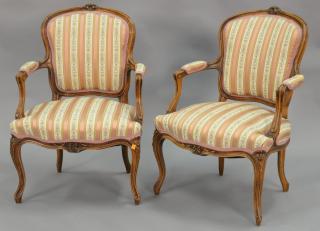 Appraisal: Pair of Louis XV style armchairs with custom silk upholstery