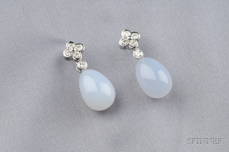 Appraisal: kt White Gold Blue Chalcedony and Diamond Earpendants each designed