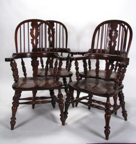 Appraisal: Set of four fiddle-back Windsor-style arm chairs by Harden furniture