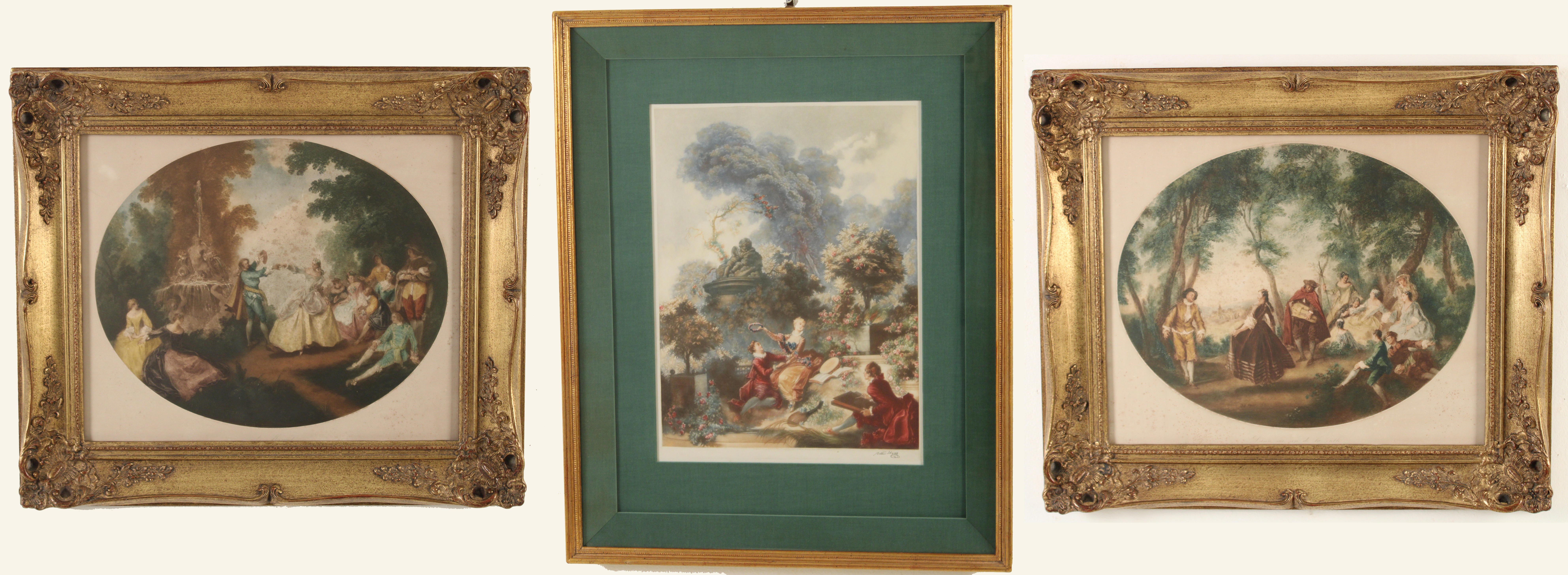 Appraisal: AFTER FRAGONARD AND WATTEAU Group of color lithographs in frame