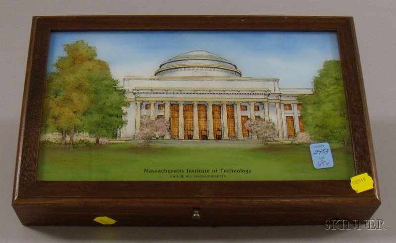 Appraisal: Massachusetts Institute of Technology Scenic Reverse-painted Glass and Mahogany Humidor