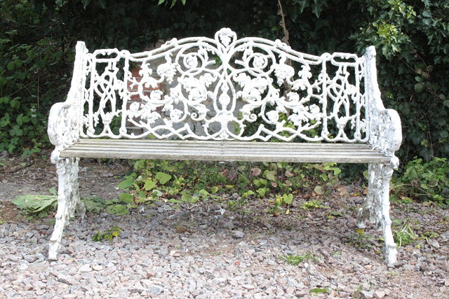 Appraisal: A PAINTED CAST ALUMINIUM GARDEN BENCH with scrolling and fruiting