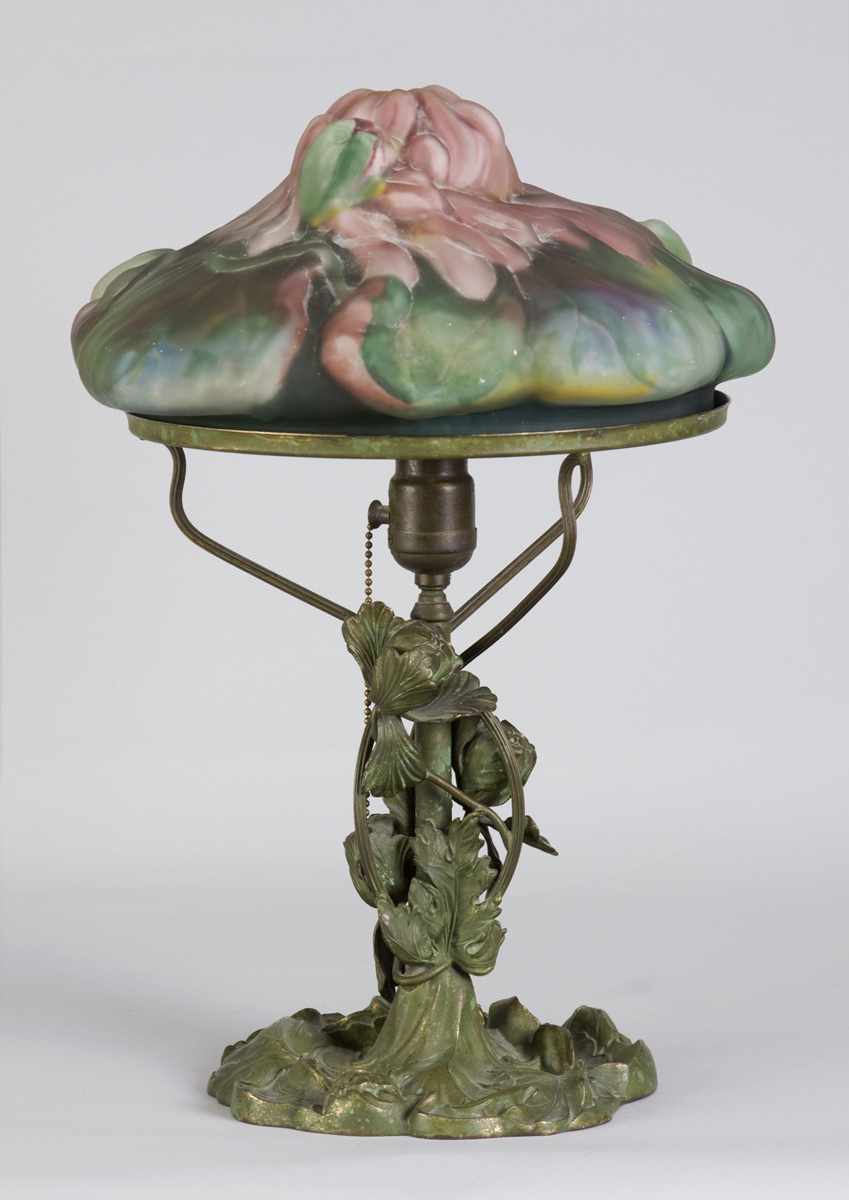 Appraisal: Fine Pairpoint Puffy Lotus Lamp Original rare floral patinated metal