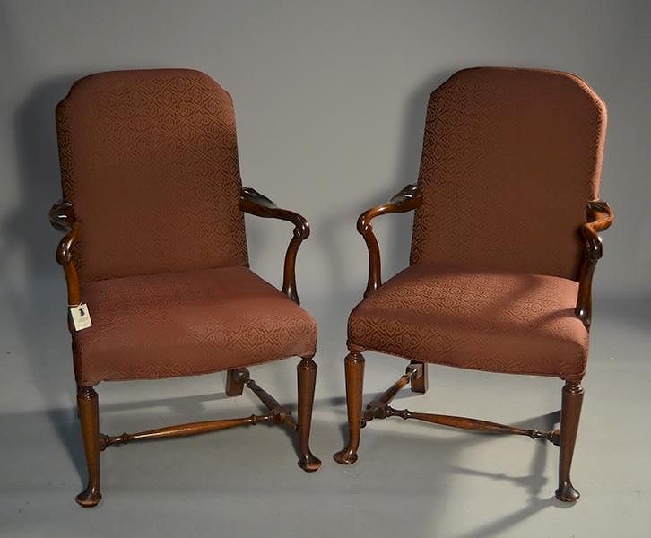 Appraisal: Pair of 's Armchairs Pair of burgundy upholstered mahogany armchairs