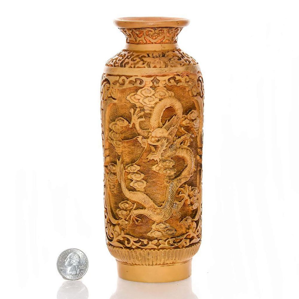 Appraisal: CHINESE CINNABAR LACQUERWARE DRAGON VASE Cylindrical model with carved dragon