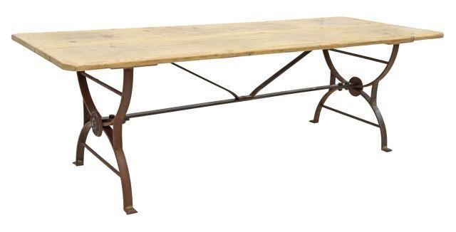 Appraisal: Large pine and wrought iron coffee table th c having