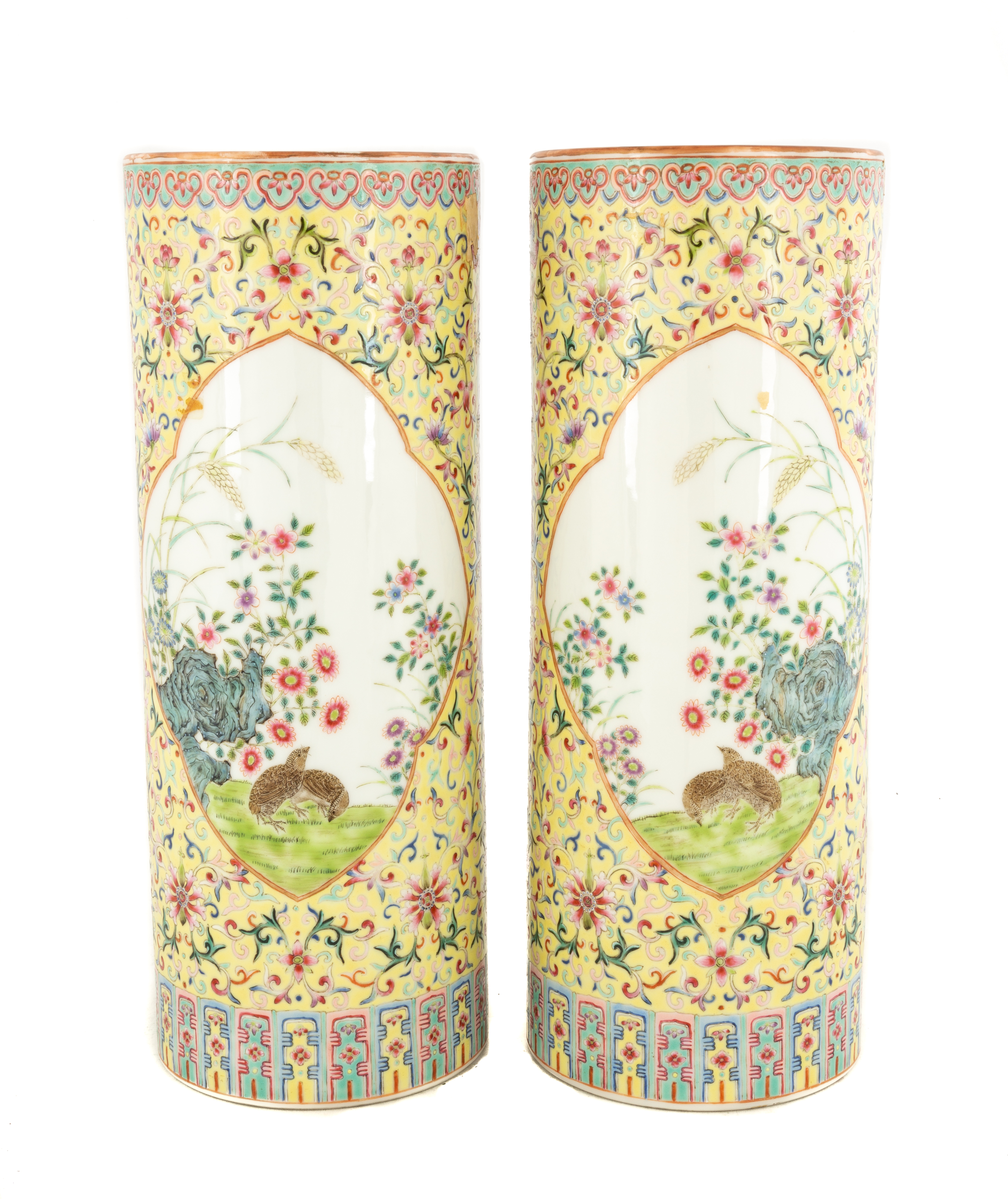 Appraisal: PAIR OF CHINESE PORCELAIN FAMILLE ROSE YELLOW GROUND VASES Signed