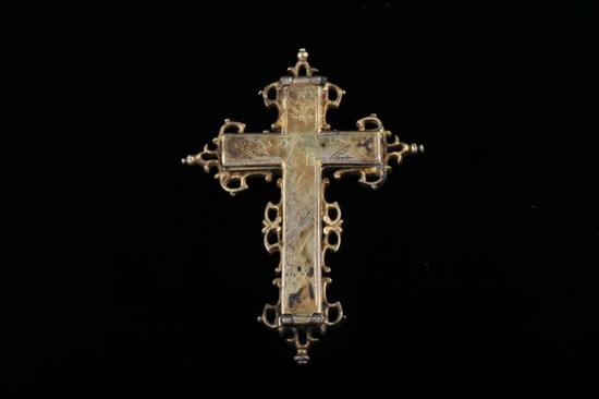 Appraisal: CHRISTIAN CROSS FORM GILT-METAL RELIQUARY th century Pierced and chased