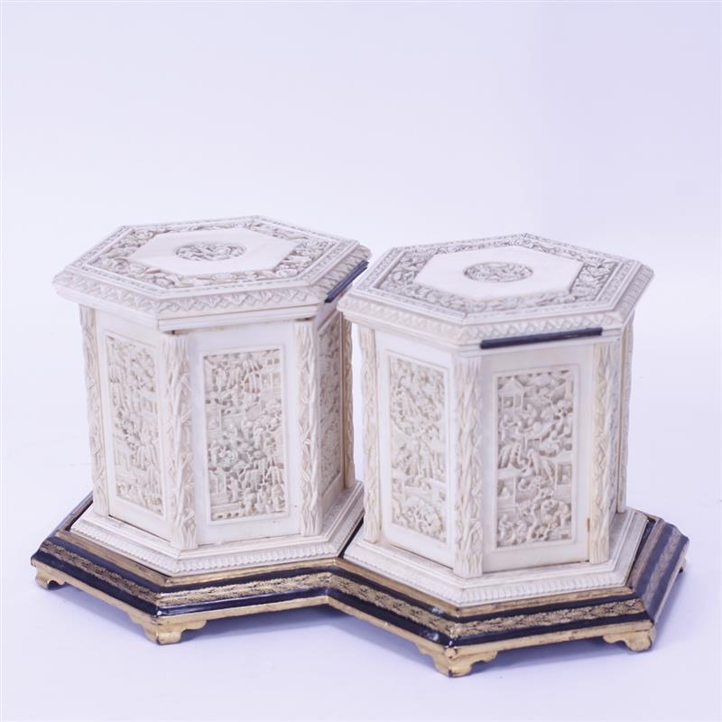 Appraisal: Chinese Export carved tea caddy with two canisters on carved