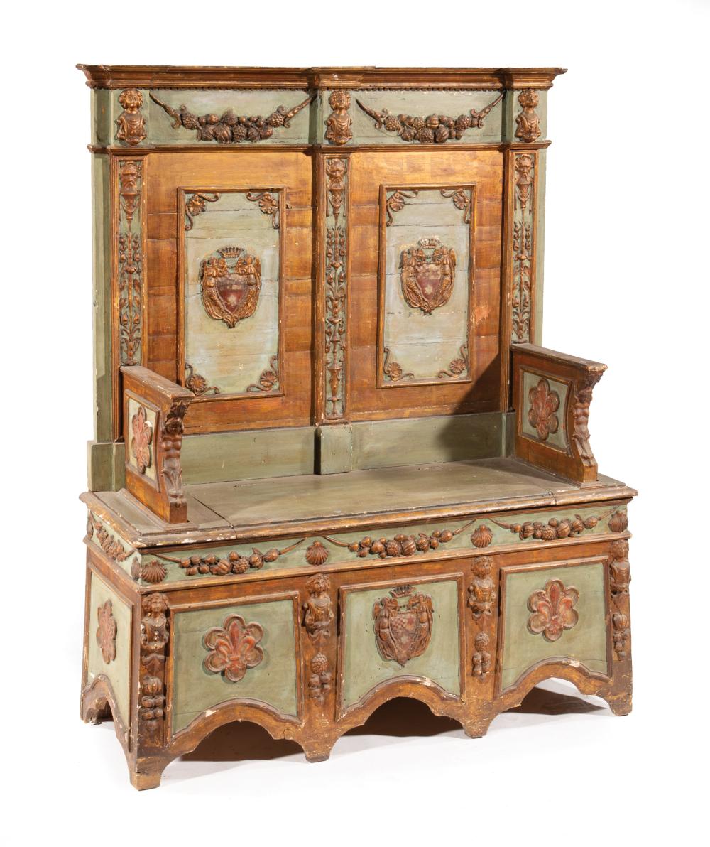 Appraisal: Venetian Verde Tinta and Parcel Gilt Hall Bench likely th