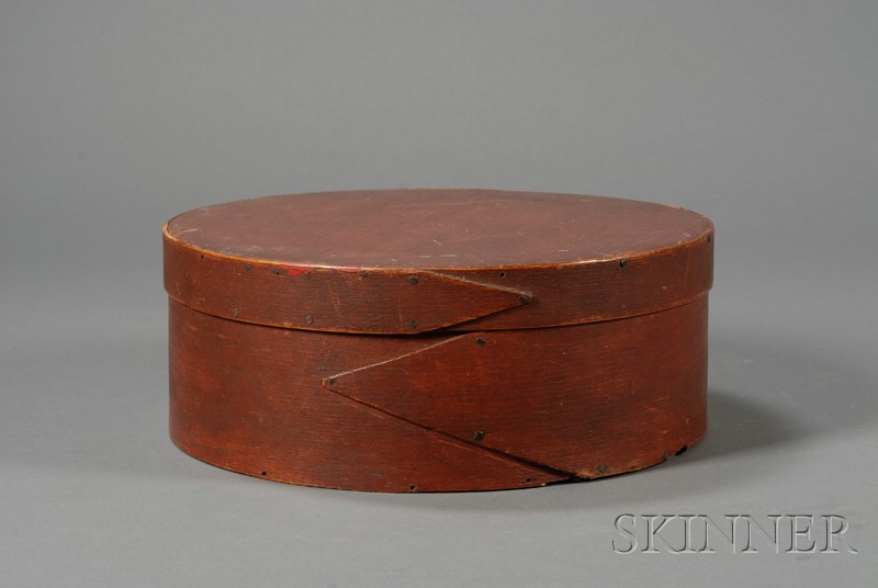 Appraisal: Large Red-painted Round Lapped-seam Covered Pantry Box America th century