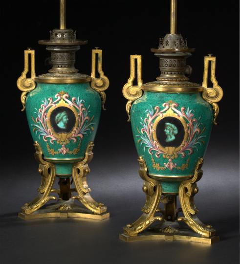 Appraisal: Good Pair of Napoleon III Gilt-Brass-Mounted Porcelain Kerosene Parlor Lamps