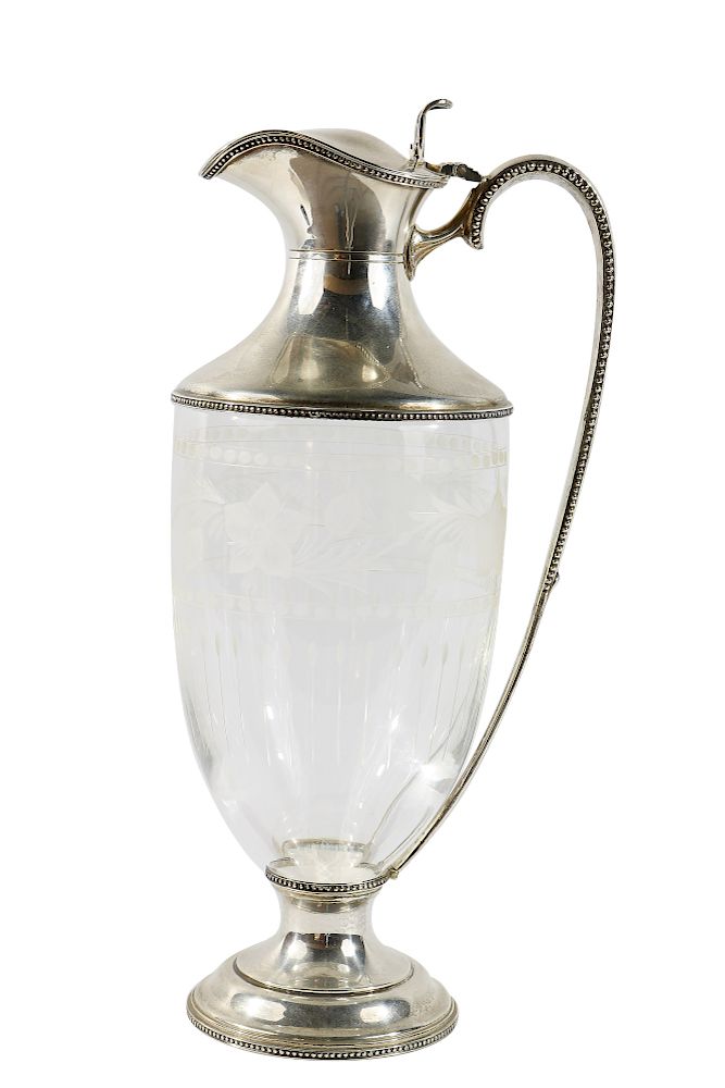 Appraisal: Cased English Silver and Glass Ewer London circa beaded borders