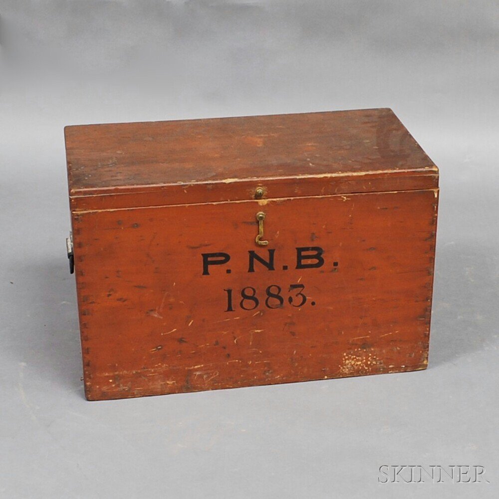 Appraisal: Red-painted Poplar Box the dovetailed box with black lettering reading