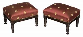 Appraisal: Pair Regency Carved Mahogany Silk Upholstered Footstools British early th