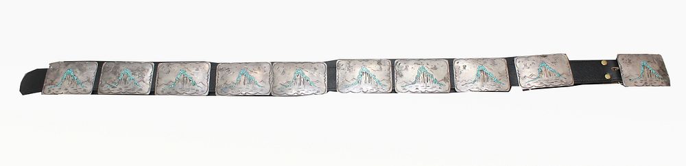 Appraisal: Navajo Style Turquoise Silver Belt Signed Navajo Style Turquoise Silver